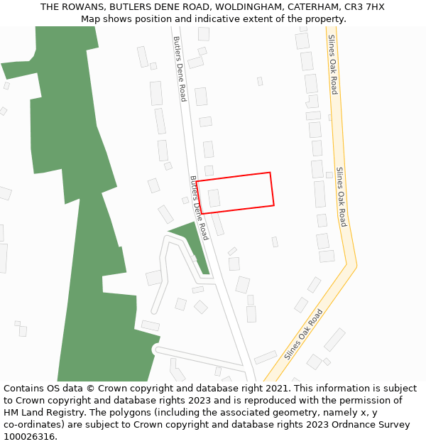 THE ROWANS, BUTLERS DENE ROAD, WOLDINGHAM, CATERHAM, CR3 7HX: Location map and indicative extent of plot
