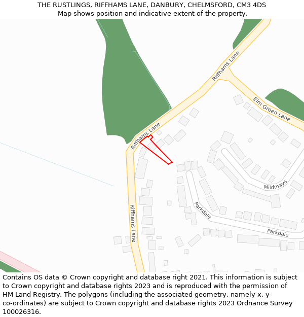 THE RUSTLINGS, RIFFHAMS LANE, DANBURY, CHELMSFORD, CM3 4DS: Location map and indicative extent of plot