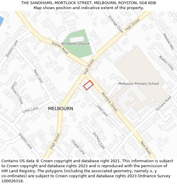 THE SANDHAMS, MORTLOCK STREET, MELBOURN, ROYSTON, SG8 6DB: Location map and indicative extent of plot