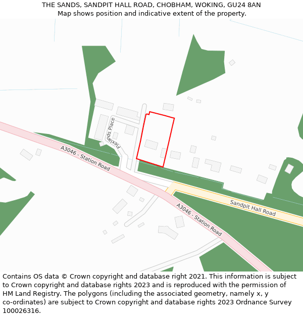 THE SANDS, SANDPIT HALL ROAD, CHOBHAM, WOKING, GU24 8AN: Location map and indicative extent of plot