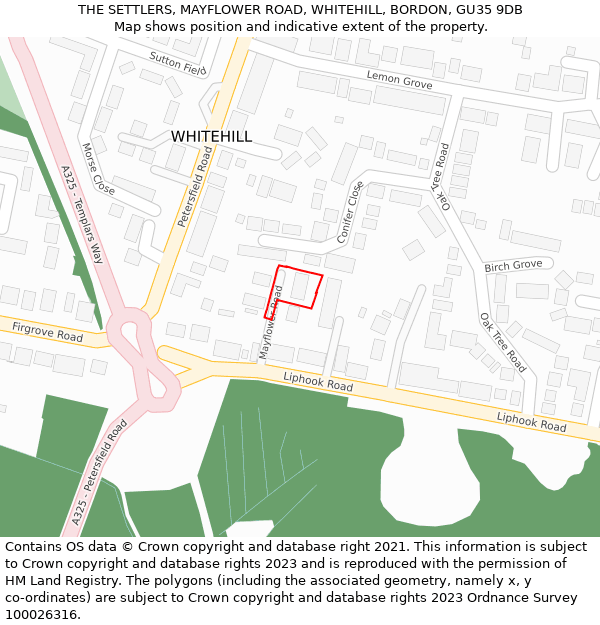 THE SETTLERS, MAYFLOWER ROAD, WHITEHILL, BORDON, GU35 9DB: Location map and indicative extent of plot