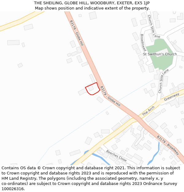 THE SHEILING, GLOBE HILL, WOODBURY, EXETER, EX5 1JP: Location map and indicative extent of plot