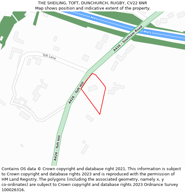 THE SHEILING, TOFT, DUNCHURCH, RUGBY, CV22 6NR: Location map and indicative extent of plot