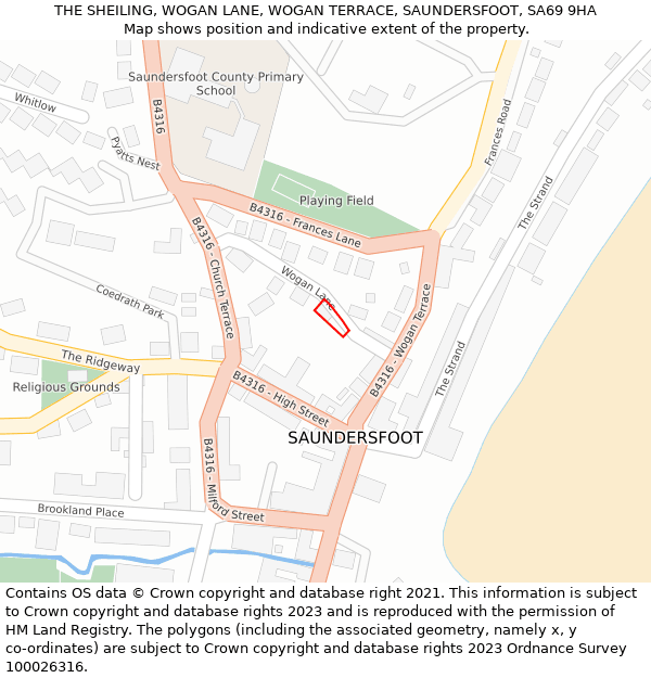 THE SHEILING, WOGAN LANE, WOGAN TERRACE, SAUNDERSFOOT, SA69 9HA: Location map and indicative extent of plot