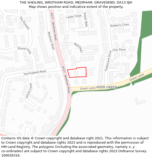 THE SHEILING, WROTHAM ROAD, MEOPHAM, GRAVESEND, DA13 0JH: Location map and indicative extent of plot