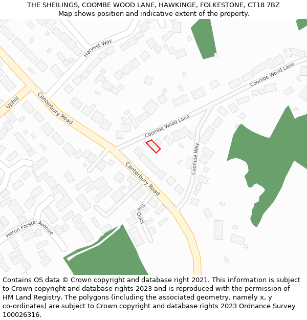 THE SHEILINGS, COOMBE WOOD LANE, HAWKINGE, FOLKESTONE, CT18 7BZ: Location map and indicative extent of plot