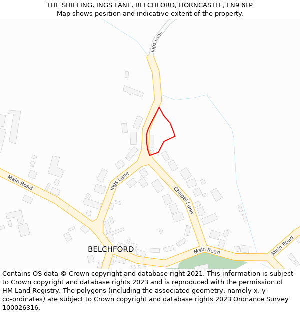 THE SHIELING, INGS LANE, BELCHFORD, HORNCASTLE, LN9 6LP: Location map and indicative extent of plot