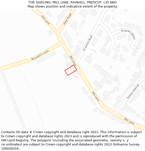 THE SHIELING, MILL LANE, RAINHILL, PRESCOT, L35 6NG: Location map and indicative extent of plot