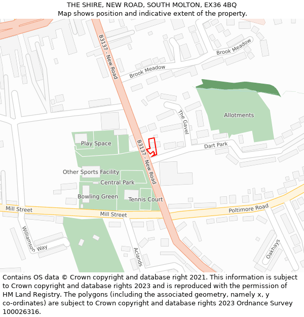 THE SHIRE, NEW ROAD, SOUTH MOLTON, EX36 4BQ: Location map and indicative extent of plot