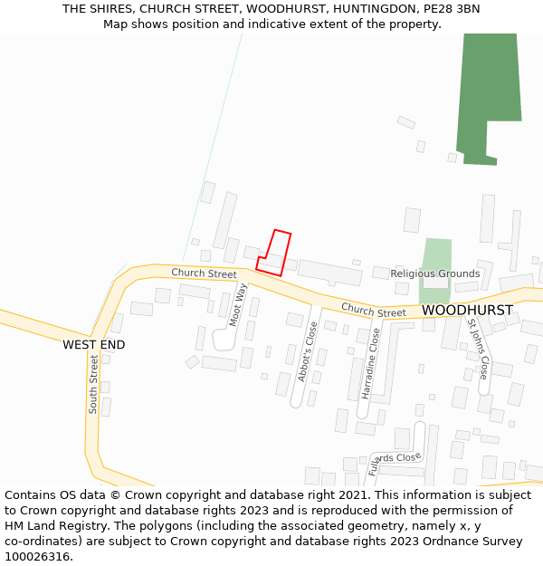 THE SHIRES, CHURCH STREET, WOODHURST, HUNTINGDON, PE28 3BN: Location map and indicative extent of plot