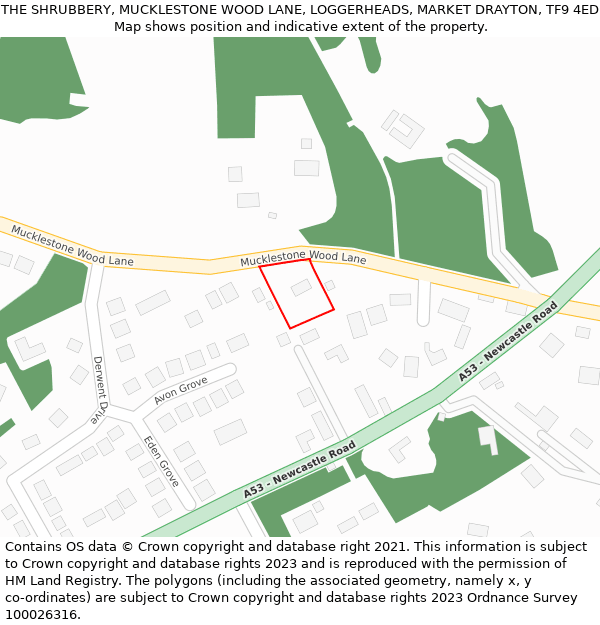 THE SHRUBBERY, MUCKLESTONE WOOD LANE, LOGGERHEADS, MARKET DRAYTON, TF9 4ED: Location map and indicative extent of plot