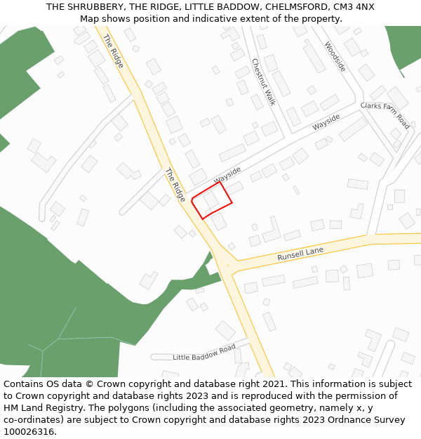 THE SHRUBBERY, THE RIDGE, LITTLE BADDOW, CHELMSFORD, CM3 4NX: Location map and indicative extent of plot