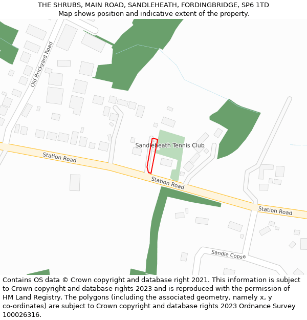 THE SHRUBS, MAIN ROAD, SANDLEHEATH, FORDINGBRIDGE, SP6 1TD: Location map and indicative extent of plot