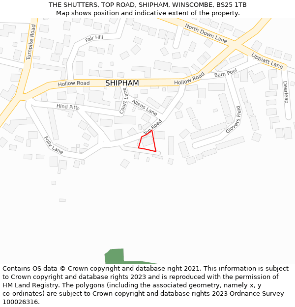 THE SHUTTERS, TOP ROAD, SHIPHAM, WINSCOMBE, BS25 1TB: Location map and indicative extent of plot