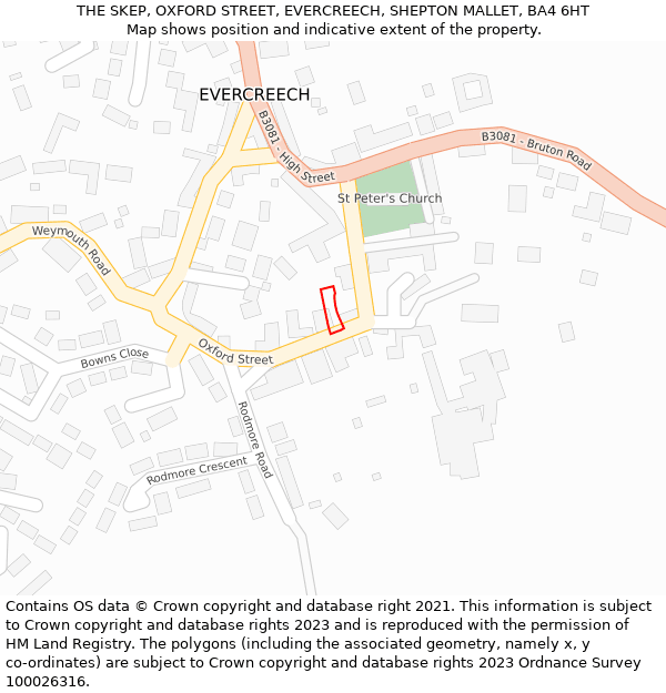 THE SKEP, OXFORD STREET, EVERCREECH, SHEPTON MALLET, BA4 6HT: Location map and indicative extent of plot