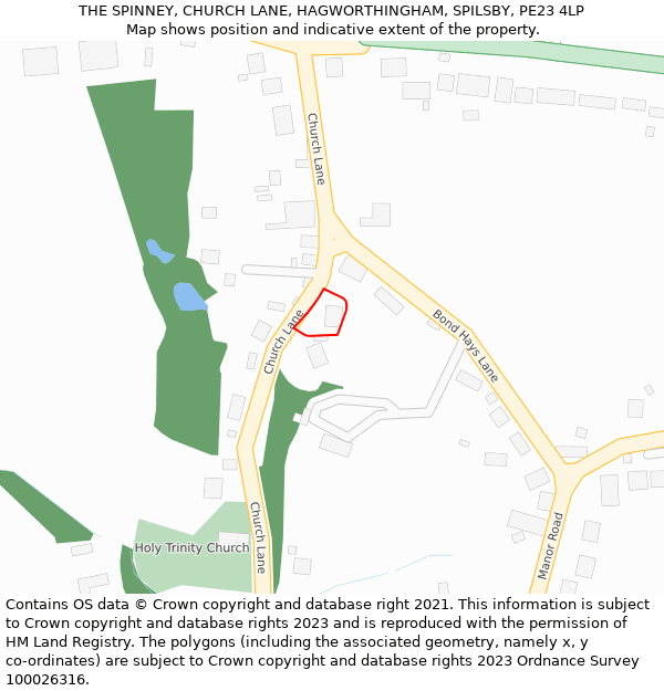 THE SPINNEY, CHURCH LANE, HAGWORTHINGHAM, SPILSBY, PE23 4LP: Location map and indicative extent of plot