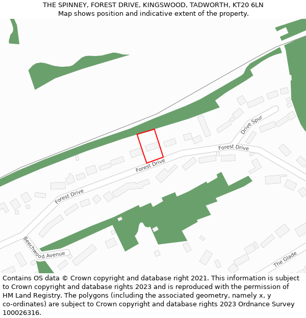 THE SPINNEY, FOREST DRIVE, KINGSWOOD, TADWORTH, KT20 6LN: Location map and indicative extent of plot