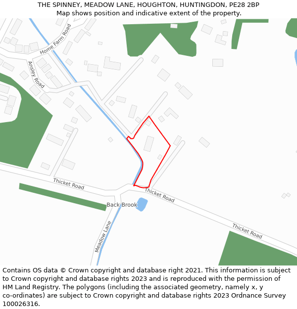 THE SPINNEY, MEADOW LANE, HOUGHTON, HUNTINGDON, PE28 2BP: Location map and indicative extent of plot