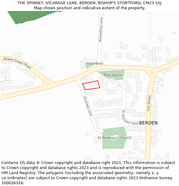 THE SPINNEY, VICARAGE LANE, BERDEN, BISHOP'S STORTFORD, CM23 1AJ: Location map and indicative extent of plot