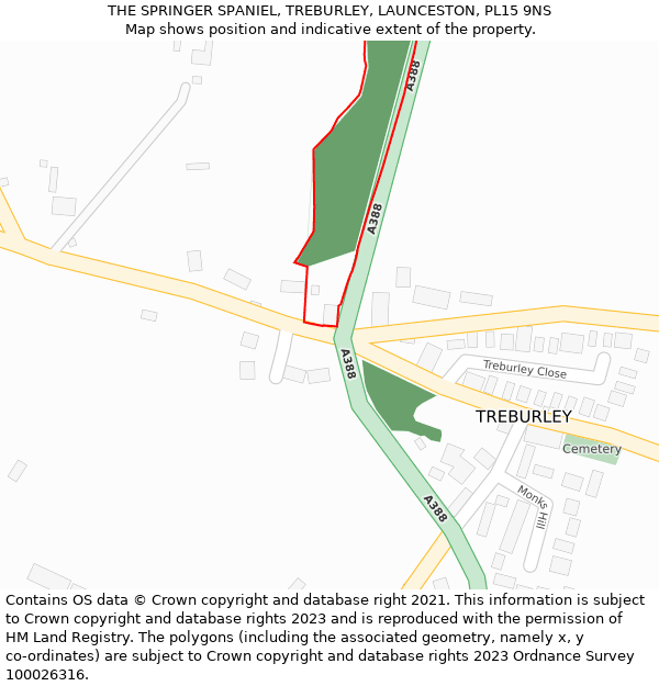 THE SPRINGER SPANIEL, TREBURLEY, LAUNCESTON, PL15 9NS: Location map and indicative extent of plot