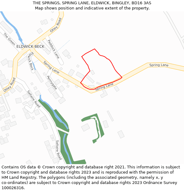 THE SPRINGS, SPRING LANE, ELDWICK, BINGLEY, BD16 3AS: Location map and indicative extent of plot