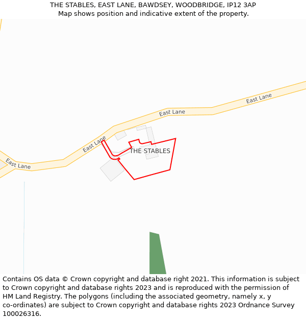 THE STABLES, EAST LANE, BAWDSEY, WOODBRIDGE, IP12 3AP: Location map and indicative extent of plot