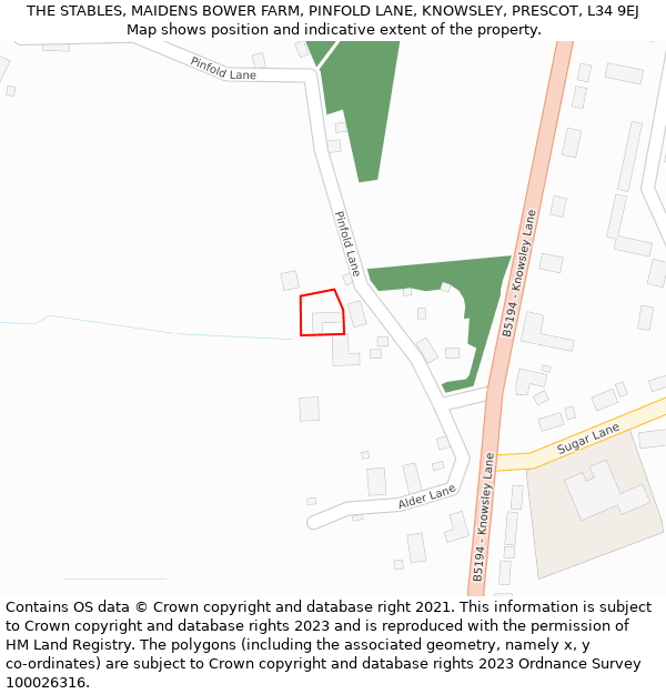 THE STABLES, MAIDENS BOWER FARM, PINFOLD LANE, KNOWSLEY, PRESCOT, L34 9EJ: Location map and indicative extent of plot