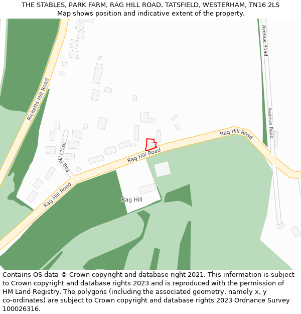 THE STABLES, PARK FARM, RAG HILL ROAD, TATSFIELD, WESTERHAM, TN16 2LS: Location map and indicative extent of plot