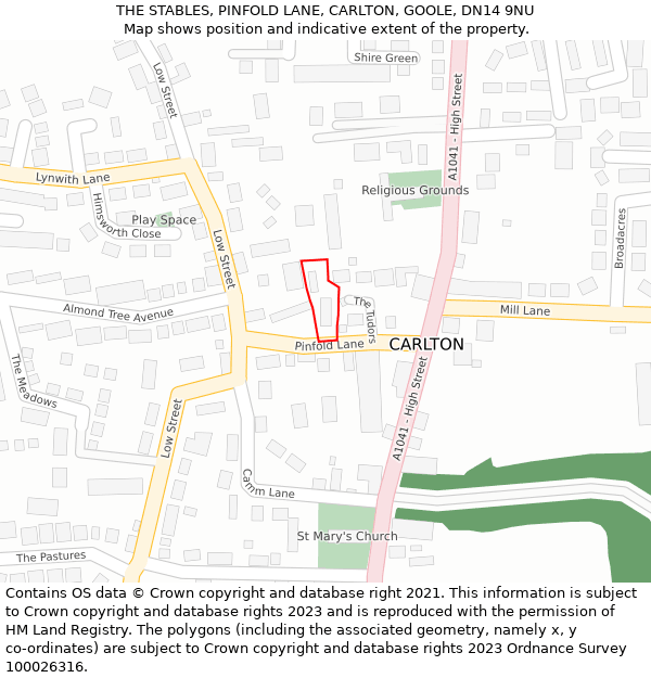 THE STABLES, PINFOLD LANE, CARLTON, GOOLE, DN14 9NU: Location map and indicative extent of plot