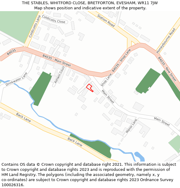 THE STABLES, WHITFORD CLOSE, BRETFORTON, EVESHAM, WR11 7JW: Location map and indicative extent of plot