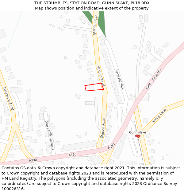 THE STRUMBLES, STATION ROAD, GUNNISLAKE, PL18 9DX: Location map and indicative extent of plot