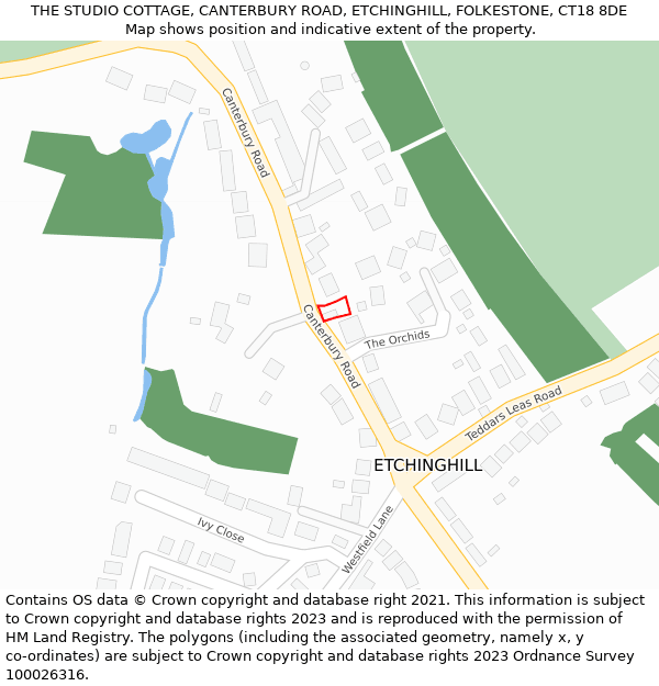 THE STUDIO COTTAGE, CANTERBURY ROAD, ETCHINGHILL, FOLKESTONE, CT18 8DE: Location map and indicative extent of plot