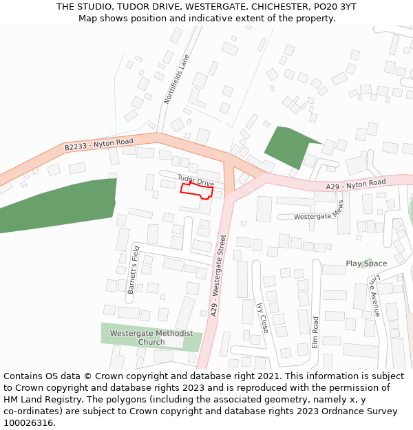THE STUDIO, TUDOR DRIVE, WESTERGATE, CHICHESTER, PO20 3YT: Location map and indicative extent of plot