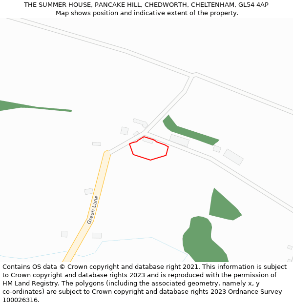 THE SUMMER HOUSE, PANCAKE HILL, CHEDWORTH, CHELTENHAM, GL54 4AP: Location map and indicative extent of plot