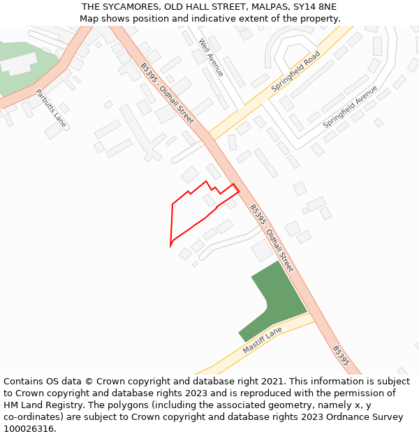 THE SYCAMORES, OLD HALL STREET, MALPAS, SY14 8NE: Location map and indicative extent of plot