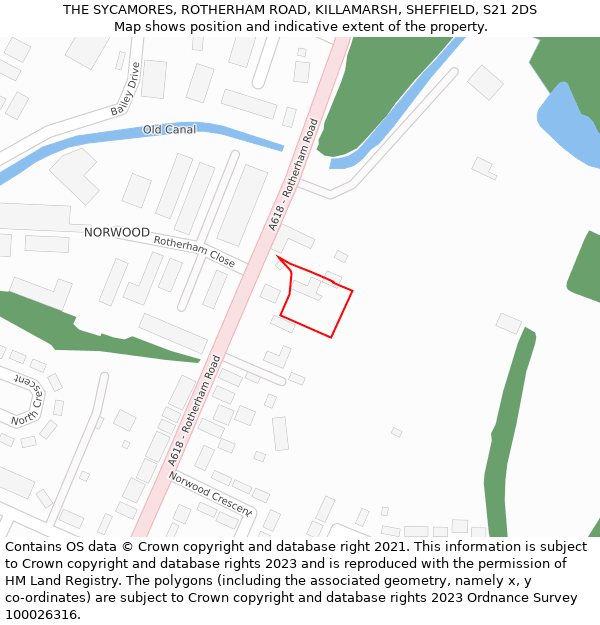 THE SYCAMORES, ROTHERHAM ROAD, KILLAMARSH, SHEFFIELD, S21 2DS: Location map and indicative extent of plot
