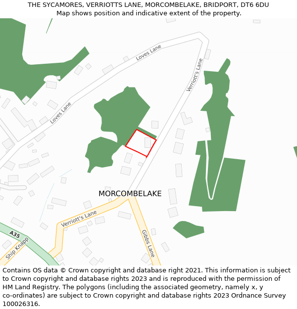 THE SYCAMORES, VERRIOTTS LANE, MORCOMBELAKE, BRIDPORT, DT6 6DU: Location map and indicative extent of plot