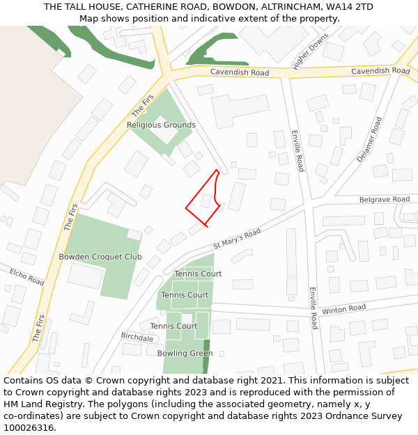 THE TALL HOUSE, CATHERINE ROAD, BOWDON, ALTRINCHAM, WA14 2TD: Location map and indicative extent of plot