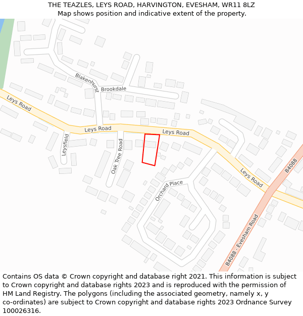 THE TEAZLES, LEYS ROAD, HARVINGTON, EVESHAM, WR11 8LZ: Location map and indicative extent of plot