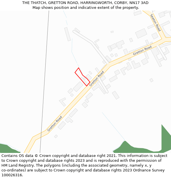THE THATCH, GRETTON ROAD, HARRINGWORTH, CORBY, NN17 3AD: Location map and indicative extent of plot