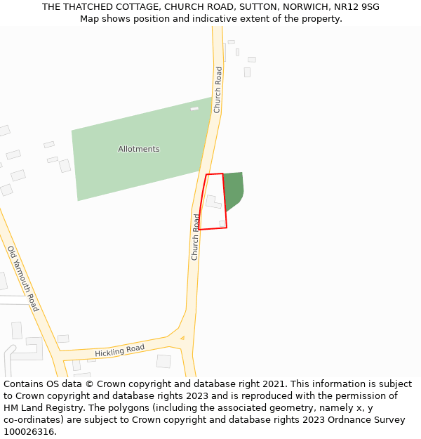 THE THATCHED COTTAGE, CHURCH ROAD, SUTTON, NORWICH, NR12 9SG: Location map and indicative extent of plot