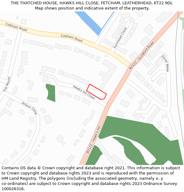 THE THATCHED HOUSE, HAWKS HILL CLOSE, FETCHAM, LEATHERHEAD, KT22 9DL: Location map and indicative extent of plot