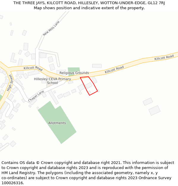 THE THREE JAYS, KILCOTT ROAD, HILLESLEY, WOTTON-UNDER-EDGE, GL12 7RJ: Location map and indicative extent of plot