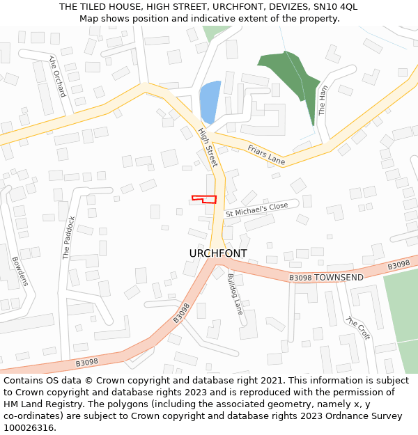 THE TILED HOUSE, HIGH STREET, URCHFONT, DEVIZES, SN10 4QL: Location map and indicative extent of plot