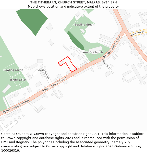 THE TITHEBARN, CHURCH STREET, MALPAS, SY14 8PH: Location map and indicative extent of plot
