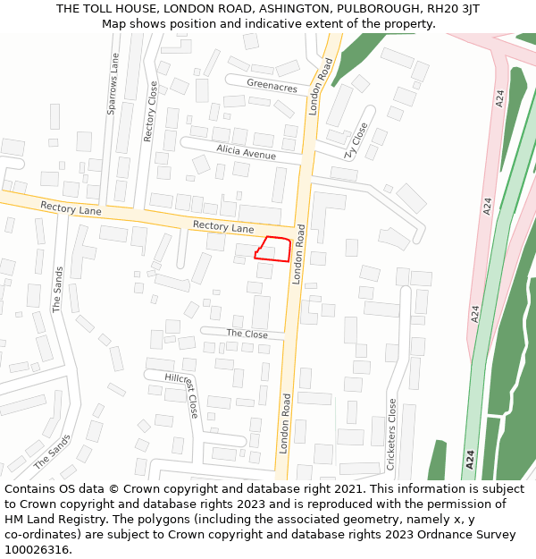 THE TOLL HOUSE, LONDON ROAD, ASHINGTON, PULBOROUGH, RH20 3JT: Location map and indicative extent of plot