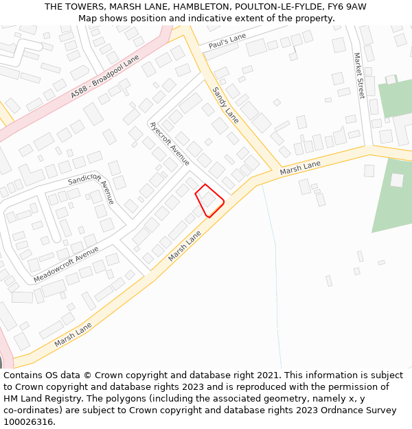 THE TOWERS, MARSH LANE, HAMBLETON, POULTON-LE-FYLDE, FY6 9AW: Location map and indicative extent of plot