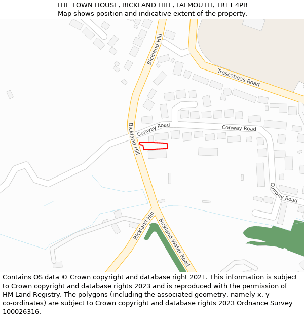 THE TOWN HOUSE, BICKLAND HILL, FALMOUTH, TR11 4PB: Location map and indicative extent of plot