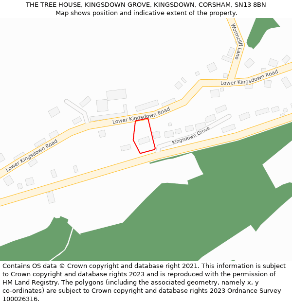 THE TREE HOUSE, KINGSDOWN GROVE, KINGSDOWN, CORSHAM, SN13 8BN: Location map and indicative extent of plot