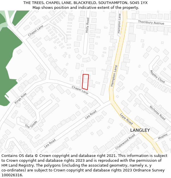 THE TREES, CHAPEL LANE, BLACKFIELD, SOUTHAMPTON, SO45 1YX: Location map and indicative extent of plot